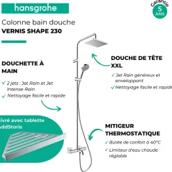Colonne bain douche thermostatique HANSGROHE Vernis Shape 230 chromé + tablette AddStoris