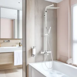 Colonne bain douche thermostatique avec pomme de tête, douchette et flexible, chrome, Valentin Touareg