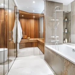 Colonne bain douche thermostatique avec tablette, pomme de tête ronde, douchette et flexible, chrome, Valentin Opium