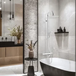 Colonne bain douche thermostatique anti-brûlure avec pomme de tête, douchette et flexible, chrome, Valentin Opium