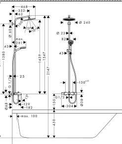 Colonne de bain/douche thermostatique avec pommeau + douchette 2 jets + flexible + barre réglable, chrome, Hansgrohe Showerpipe Crometta S 240