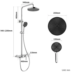 Colonne de Douche Chromée avec Étagère 40 cm, Douchette à Main 5 Modes, Effet Cascade et Rangement Pratique