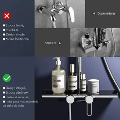 Colonne de Douche Chromée avec Étagère 40 cm, Douchette à Main 5 Modes, Effet Cascade et Rangement Pratique
