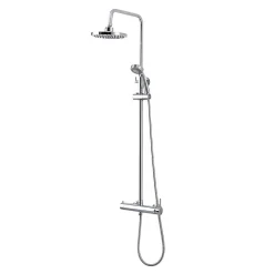 Colonne De Douche Chromée Avec Pomme De Douche Fixe, Douchette À Main Extractible Et Inverseur.