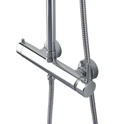 Colonne De Douche Chromée Avec Pomme De Douche Fixe, Douchette À Main Extractible Et Inverseur.