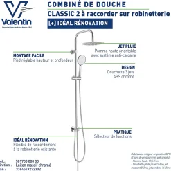 Colonne de douche classique à raccorder sur robinetterie avec pomme de tête, douchette et flexible, chrome Valentin Classic