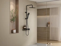 Colonne de douche en acier inoxydable avec tablette - Noir mat - Hauteur réglable - JIZEO