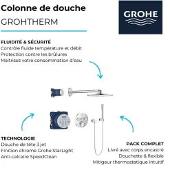 Colonne de douche encastrée thermostatique GROHE Grotherm SmartControl Douchette Euphoria Stick chromé