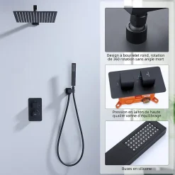 Colonne de Douche Encastrée Noir Système de Douche Thermostat en Laiton avec Tête de Douche Carrée 30x30CM