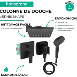 Colonne de douche encastrée mécanique HANSGROHE Vernis Shape Douche de tête Vernis Shape Flexible Isiflex Douchette Vernis noir