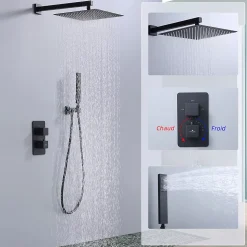 Colonne de Douche Encastrée Noir Système de Douche Thermostat en Laiton avec Tête de Douche Carrée 30x30CM