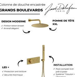 Colonne de douche encastrée thermostatique JACOB DELAFON Grands Boulevards laiton brossé