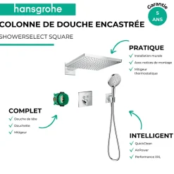 Colonne de douche encastrée thermostatique HANSGROHE ShowerSelect Square chromé + nettoyant Briochin