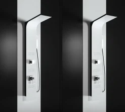 Colonne de douche hydromassage en aluminium verni en poudre blanche mat (frontal) et noir mat (lateral)