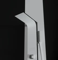 Colonne de douche hydromassage en aluminium verni en poudre blanche mat (frontal) et noir mat (lateral)