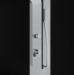 Colonne de douche hydromassage en aluminium verni en poudre blanche mat (frontal) et noir mat (lateral)