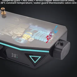 Colonne de Douche Hydromassante Thermostatique Noir avec LED et Affichage Numérique, Ensemble Complet avec Étagère de Rangement