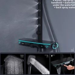 Colonne de Douche Hydromassante Thermostatique Noir avec LED et Affichage Numérique, Ensemble Complet avec Étagère de Rangement