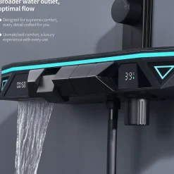 Colonne de Douche Hydromassante Thermostatique Noir avec LED et Affichage Numérique, Ensemble Complet avec Étagère de Rangement