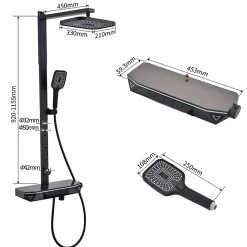 Colonne de Douche Hydromassante Thermostatique Noir avec LED et Affichage Numérique, Ensemble Complet avec Étagère de Rangement