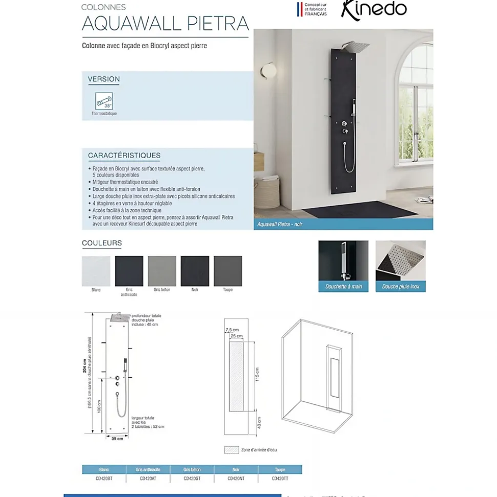Colonne de douche KINEDO AQUAWALL PIETRA couleur noir équipée thermostatique colonne de douche