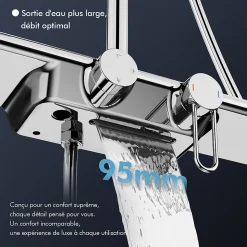 Colonne de Douche Mécanique avec Étagère 40 cm et Cascade Douchette 5 Jets et Jet Pluie Hauteur Réglable 940 a 1200 mm Chromé