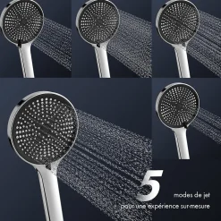 Colonne de Douche Mécanique avec Étagère 40 cm et Cascade Douchette 5 Jets et Jet Pluie Hauteur Réglable 940 a 1200 mm Chromé