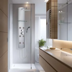 Colonne de douche mécanique hydromassante 6 buses avec tablette, pomme de tête, douchette 3 jets et flexible, gris, Valentin Totem Alu