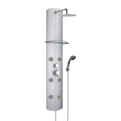 Colonne de douche mécanique hydromassante 6 buses avec tablette, pomme de tête, douchette 3 jets et flexible, gris, Valentin Totem Alu