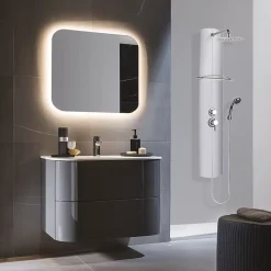 Colonne de douche mécanique avec pomme de tête, douchette et flexible, en aluminuim anodisé gris, Valentin Totmy