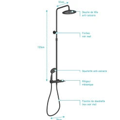 Colonne de douche mécanique avec pommeau + douchette 2 jets + flexible + barre réglable, noir mat, Galedo Arty
