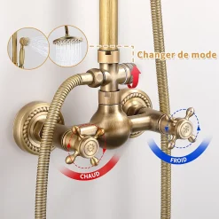 Colonne de Douche Mécanique Ensemble de Douche à Double Poignée Rétro Système de Douche Réglable Kit de Douche en Laiton
