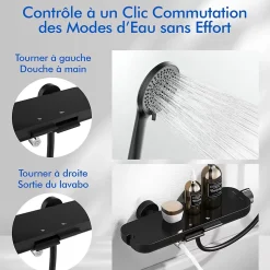Colonne de Douche Mecanique avec Étagère Ensemble de Douche Douchette et Tête de Douche Hauteur Réglable 839 à 1164 mm ABS Noir