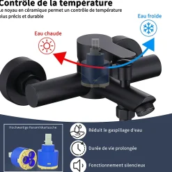 Colonne de Douche Mecanique avec Mitigeur 2 Fonctions Jet Pluie Douchette a Main Hauteur Reglable 839 a 1164 mm Inox Noir