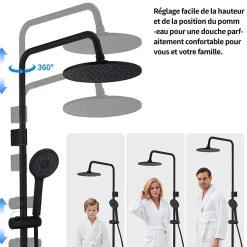 Colonne de Douche Mecanique avec Mitigeur 2 Fonctions Jet Pluie Douchette a Main Hauteur Reglable 839 a 1164 mm Inox Noir