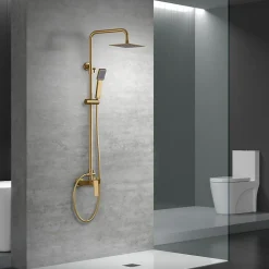 Colonne de douche mitigeur or brosse acier et laiton douchette extensible pomme extraplate antic