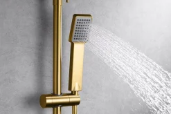 Colonne de douche mitigeur or brosse acier et laiton douchette extensible pomme extraplate antic