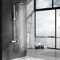 Colonne de douche mitigeur chrome en acier et laiton avec pommeau anticalcaire 20x20 cm