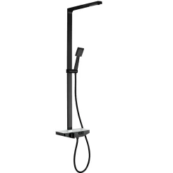 Colonne de douche moderne combinée thermostatique acier inoxydable + tablette verre - 120x50cm - NT7385 Noir mat, 20cm carré