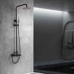 Colonne de douche monocommande noir mat et or rose en acier et laiton