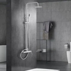 Colonne de douche monocommande blanche acier et laiton avec douchette extensible