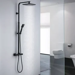 Colonne de Douche Noir avec Mitigeur Thermostatique 2 Fonctions Ensemble de Douche Noir en Laiton, Haute Réglable 110-137 cm