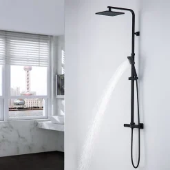 Colonne de Douche Noir avec Mitigeur Thermostatique 2 Fonctions Ensemble de Douche Noir en Laiton, Haute Réglable 110-137 cm