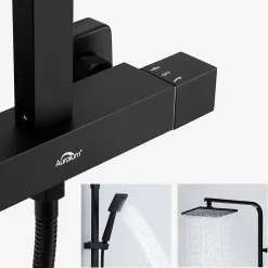 Colonne de Douche Noir avec Mitigeur Thermostatique 2 Fonctions Ensemble de Douche Noir en Laiton, Haute Réglable 110-137 cm