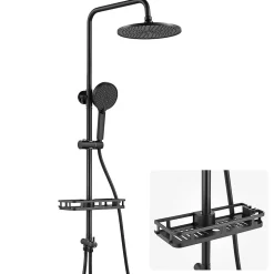 Colonne de Douche, Réglable Hauteur avec Étagère Douche Set kit Douche sans Robinet avec Pommeau Douche Rond 25cm,Noir