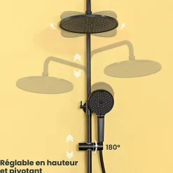 Colonne de Douche, Réglable Hauteur avec Étagère Douche Set kit Douche sans Robinet avec Pommeau Douche Rond 25cm,Noir