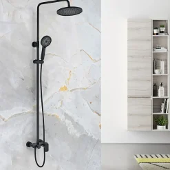 Colonne de douche ronde monocommande 3 voies REY, 96-136 cm, finition NOIR mat, en laiton Kibath