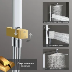 Colonne de Douche sans Mitigeur Systeme Effet Pluie avec Douchette Hauteur Reglable 900 a 1200 mm Laiton et Inox Chrome