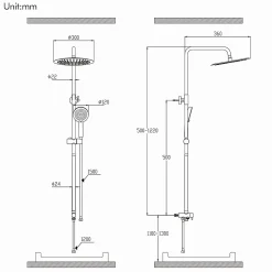 Colonne de Douche Sans Mitigeur Systeme de Douche Effet Pluie Douchette 3 Fonctions Hauteur Reglable 500 a 1220 mm Inox Noir