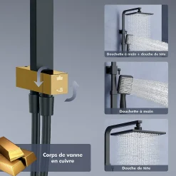 Colonne de Douche sans Mitigeur Systeme de Douche avec Douchette Set Kit de Douche en Acier Inox Noir Réglable en Hauteur